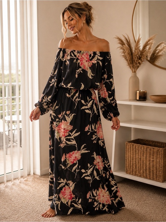 Billabong Pants - Billabong Black Floral Off-the-Shoulder Maxi Dress Size L Boho Beach